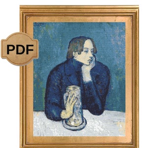 May include: A painting of a person sitting at a table with a blue background. The person is wearing a dark blue jacket and has their chin resting on their hand. They are holding a glass mug in their other hand. The table is white with a light blue tablecloth.
