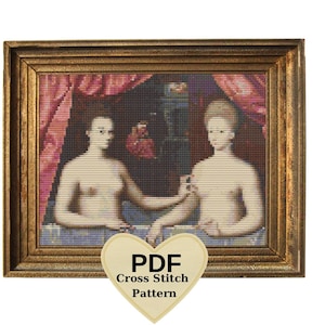 Op de afbeelding: Een ingelijst kruissteekpatroon van twee vrouwen in bad, met een hartvormig label met de tekst "PDF Cross Stitch Pattern".