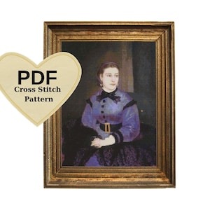 May include: A cross stitch pattern PDF of a woman in a purple dress with a black lace collar and a black belt. The woman is sitting in a chair with her hands folded in her lap. The background is a dark brown.