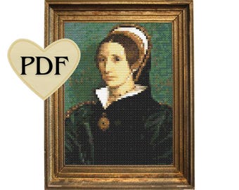 May include: A PDF pattern for a cross-stitch embroidery project featuring a portrait of a woman in a black dress and white head covering. The woman has a serious expression and is looking directly at the viewer. The background is a dark green color.