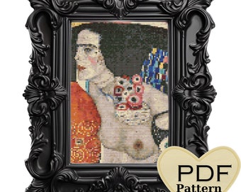 Gustav Klimt Judith Cross Stitch Pattern, Instant Download, Famous Painting, Fine art Xstitch, miniature art, 6” x 7”, Gift Needlework, PDF