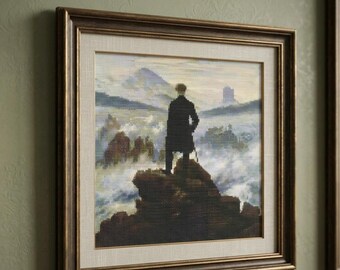 PDF cross stitch pattern, Caspar David Friedrich ,Wanderer above the Sea of Fog, 9" x 8"