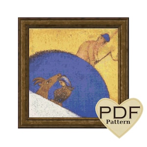 May include: Cross stitch pattern featuring a blue and yellow scene with a man in a blue hat and two goats. The pattern is titled "PDF Pattern".