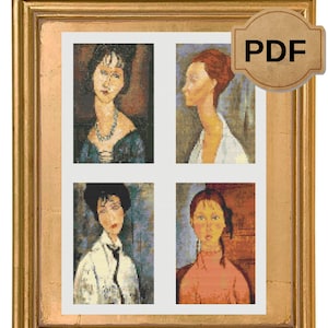 Peut inclure: Un ensemble de quatre portraits de femmes en point de croix encadrés. Chaque portrait est dans un schéma de couleurs différent et présente une femme avec une coiffure et une expression uniques. Les portraits sont disposés en grille.