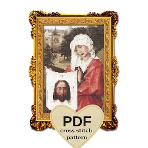 May include: A framed cross-stitch pattern depicting a religious scene with a woman in a red robe and white head covering holding a portrait of a man. The frame is ornate gold. The image includes the text "PDF cross stitch pattern".