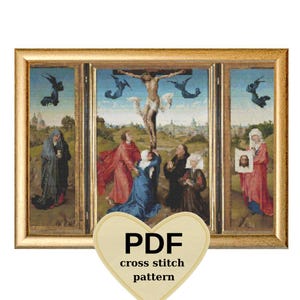May include: A framed cross stitch pattern featuring a triptych depicting a religious scene with figures in robes, a crucified figure, and angels. The frame is gold, and a heart-shaped graphic with the text "PDF cross stitch pattern" is overlaid.