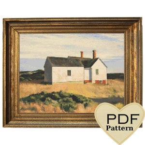 May include: A framed cross-stitch pattern of a white house with a brown roof, set against a blue sky and green grass. The pattern is titled "PDF Pattern" in a heart shape.