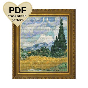Korsstygnsmönster med Van Gogh-motiv av cypress och vetefält (PDF)