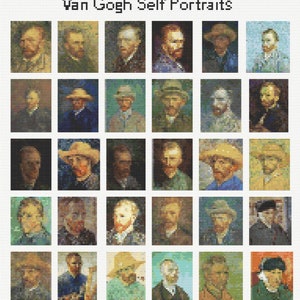 Op de afbeelding: Een verzameling van 36 zelfportretten van Vincent van Gogh, gerangschikt in een raster. De portretten zijn geschilderd in verschillende stijlen, met verschillende achtergronden en kleding. De handtekening van de kunstenaar is zichtbaar in de rechterbenedenhoek van de afbeelding.