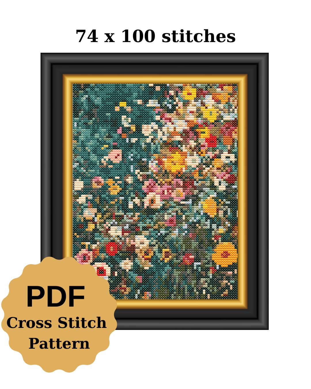 グスタフ・クリムトの花柄クロスステッチ図案、初心者向け刺繍（PDF