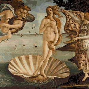 May include: A Renaissance-era painting depicting the birth of Venus. The goddess Venus is standing on a large seashell, emerging from the water. She is surrounded by figures, including a winged figure holding a red drape and a figure holding a flower.