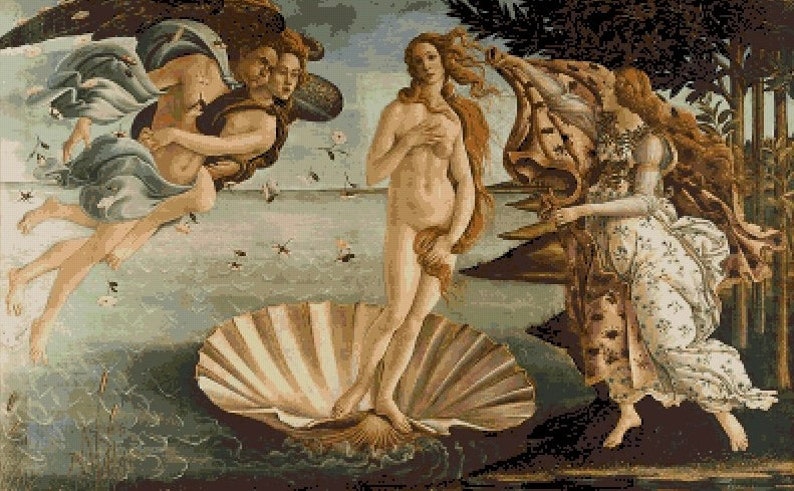May include: A Renaissance-era painting depicting the birth of Venus. The goddess Venus is standing on a large seashell, emerging from the water. She is surrounded by figures, including a winged figure holding a red drape and a figure holding a flower.