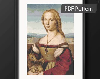 Young Woman with Unicorn Cross Stitch Pattern: Raphael Painting (PDF)