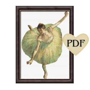 May include: A cross-stitch pattern of a ballerina in a green and yellow tutu, with a PDF label in the corner.