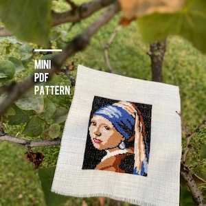 MINI Girl with a Pearl Earring Cross Stitch Pattern, Johannes Vermeer, mini masterpieces, miniatüre famous art, cross stitch sampler pattern
