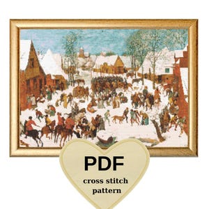May include: A framed cross-stitch pattern showing a winter village scene with figures and animals. The artwork is in a gold frame. A heart-shaped graphic at the bottom reads "PDF cross stitch pattern."