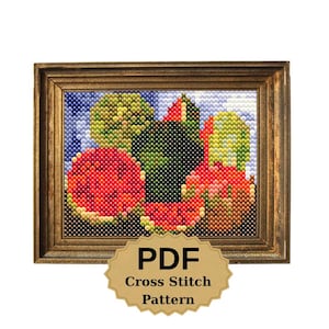 May include: A framed cross-stitch pattern featuring a still life of watermelons and other fruits. The artwork is in a wooden frame and includes the text "PDF Cross Stitch Pattern" on a tan banner.