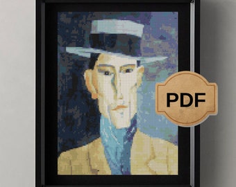 Modigliani Cross Stitch Pattern: Portrait of a Man with Hat (PDF Pattern)