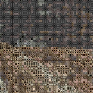 May include: A pixel art design featuring a variety of geometric shapes and patterns in shades of brown, black, and white. The design is reminiscent of a mosaic or a stained glass window.