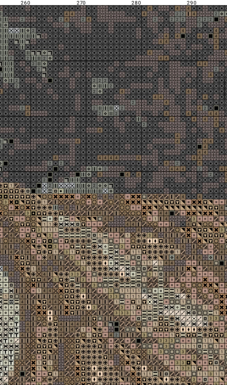 May include: A pixel art design featuring a variety of geometric shapes and patterns in shades of brown, black, and white. The design is reminiscent of a mosaic or a stained glass window.