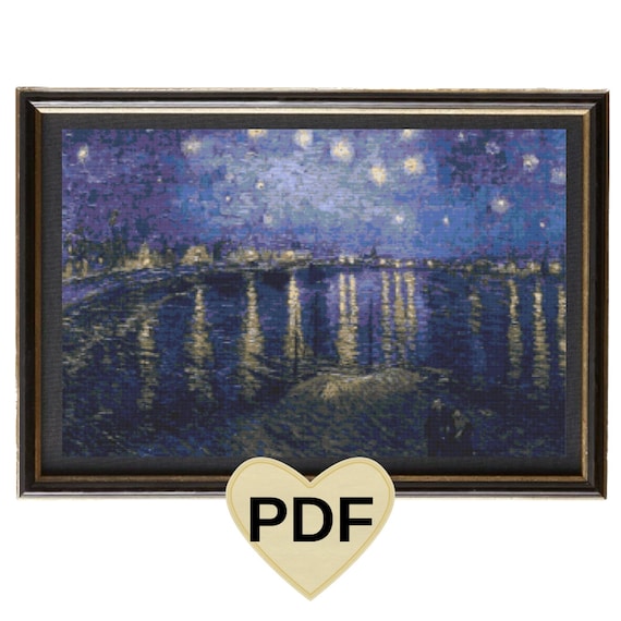 完成品】〈ローヌ川の星月夜〉クロスステッチ ゴッホ「ローヌ川の