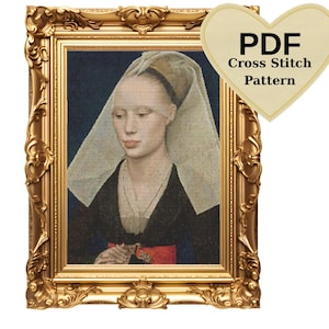 May include: A framed cross-stitch pattern featuring a portrait of a woman in a black dress and white headdress. The frame is ornate gold. The image includes a heart-shaped graphic with the text "PDF Cross Stitch Pattern."