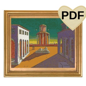 Patrón de punto de cruz de Giorgio de Chirico, Piazza d'Italia, patrón imprimible, manualidad para principiantes, bordado de pintura famosa, obra maestra, pequeño