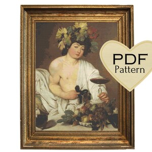 Puede incluir: Una pintura enmarcada de un joven con una corona de uvas y hojas en la cabeza, sosteniendo una copa de vino tinto. Lleva una túnica blanca y está rodeado de fruta. La pintura está en un marco dorado.