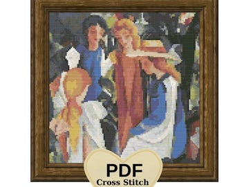 Four Girls by Macke Cross Stitch Pattern: Famous Painting (Digital Download)