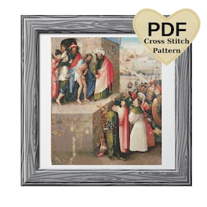 May include: Framed cross stitch pattern depicting a historical religious scene with figures in vibrant robes. The artwork is set in a detailed architectural environment. The frame is grey with a wood grain pattern. The image includes a PDF Cross Stitch Pattern logo.