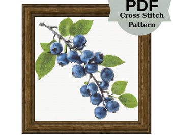 Blueberry Branch Cross Stitch Pattern: Kitchen Vegan Decor (PDF Pattern)