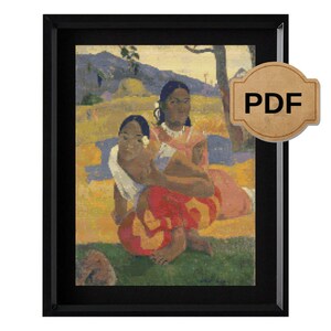 Può includere: Stampa incorniciata di un dipinto raffigurante due donne in abiti colorati, sedute all'aperto. L'opera d'arte presenta una calda tavolozza di colori con sfumature di giallo, arancione e verde. La cornice è nera e un'icona PDF è visibile in alto a destra.
