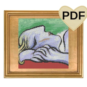 May include: A cross-stitch pattern of a sleeping woman with a green background and a red pillow. The woman is depicted in a pale blue color with a light blue pillow.