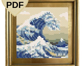 Patrón de punto de cruz de La Gran Ola, inspirado en Hokusai (patrón en PDF)