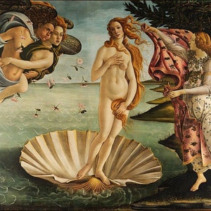 May include: A Renaissance painting depicting the birth of Venus. The goddess Venus is standing on a large seashell, emerging from the water.  She is surrounded by two figures, one holding a flowing blue cloth and the other holding a pink cloth. The painting is set against a backdrop of a blue sky and a green landscape.