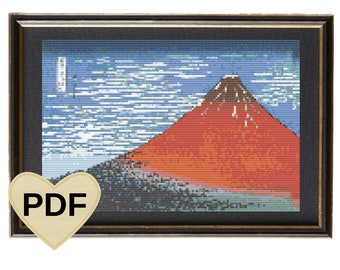 赤富士 - クロスステッチの古典絵画パターン / 葛飾北斎 / 日本の風景