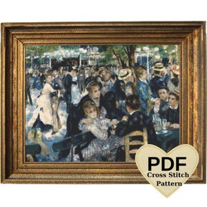 Puede incluir: Un patrón de punto de cruz enmarcado de una pintura que representa a un grupo de personas en un entorno de parque. Las personas están vestidas con ropa del siglo XIX y disfrutan de una reunión social. La pintura está en una paleta de colores apagados de azules, verdes y marrones. El marco es de color dorado con un borde decorativo.