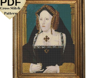 May include: A cross stitch pattern of a portrait of a woman wearing a black dress and a brown and white head covering. The woman is sitting in a chair with a gold frame. The background is a teal blue color.