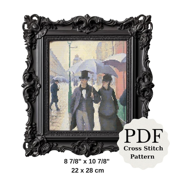 パリの街並みと雨の日のクロスステッチパターン：カイユボットの絵画