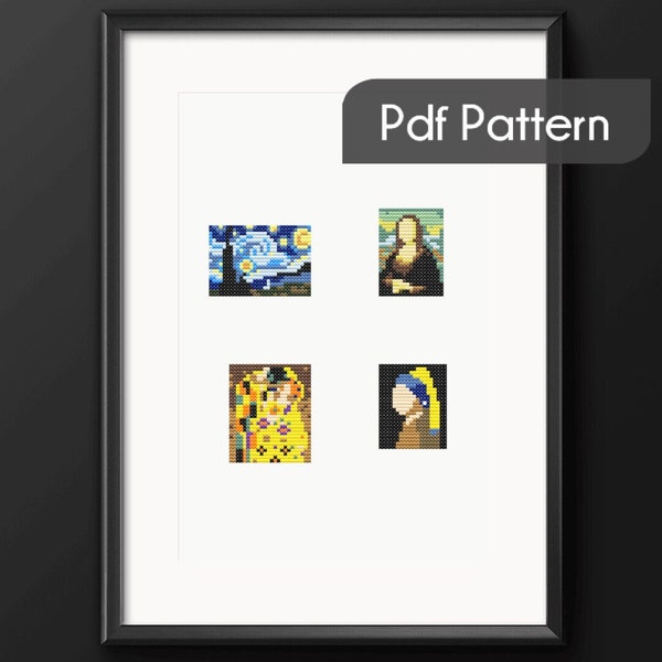 4 set of miniature masterpieces cross stitch pdf pattern, starry night, mona lisa, the kiss, girl with a pearl earring, tiny cross stitch