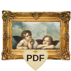 May include: A framed painting of two cherubs with wings, one with their head resting on their hand and the other with their head resting on their arm. The painting is in a gold frame with ornate details. The word "PDF" is written in brown text on a heart-shaped background.