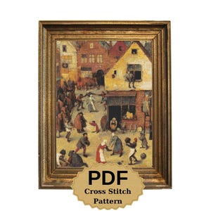 Könnte beinhalten: Ein gerahmtes Kreuzstichmuster mit einer detaillierten Darstellung einer Dorfszene mit zahlreichen Figuren. Das Kunstwerk ist in einem goldfarbenen Rahmen gefasst. Das Muster enthält den Text "PDF Cross Stitch Pattern" auf einem beigen Banner.