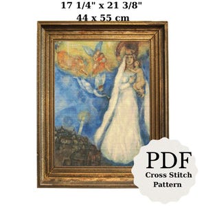 May include: A cross stitch pattern featuring a painting of a woman in a white dress holding a child. The painting is set against a blue background with a town in the distance. The pattern is 44 cm by 55 cm.