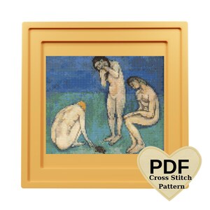 May include: Cross stitch pattern featuring a painting of three nude figures in a blue and green landscape. The figures are standing and sitting in a relaxed pose. The pattern is in PDF format.