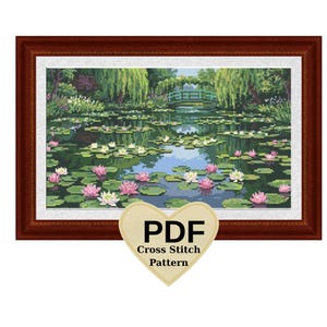 claude monet water lilies cross stitch pattern pdf, digital download 14"x 8"