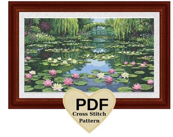 claude monet water lilies cross stitch pattern pdf, digital download 14"x 8"