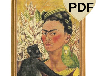 Frida Kahlo - Self Portrait with Monkey and Parrot Cross Stitch Pattern (PDF Pattern)