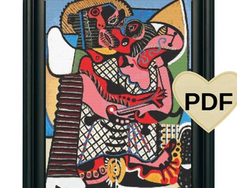 Modèle de point de croix Le baiser de Picasso : art moderne (Modèle PDF)