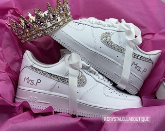 Swarovski Women's Air Force 1 All White Low Sneakers Customised with Crystals and Diamante Tiara Crown fit for a Princess, Perfect Gift