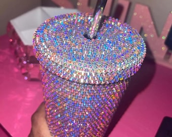 Custom bling crystal handmade drinking tumblers applied individually by hand using thousands of diamanté crystals in aurora borealis colour